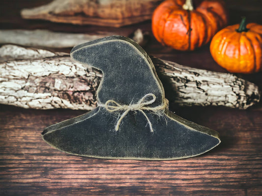 Primitive Wood Halloween Witch's Black Hat Sitter: Black