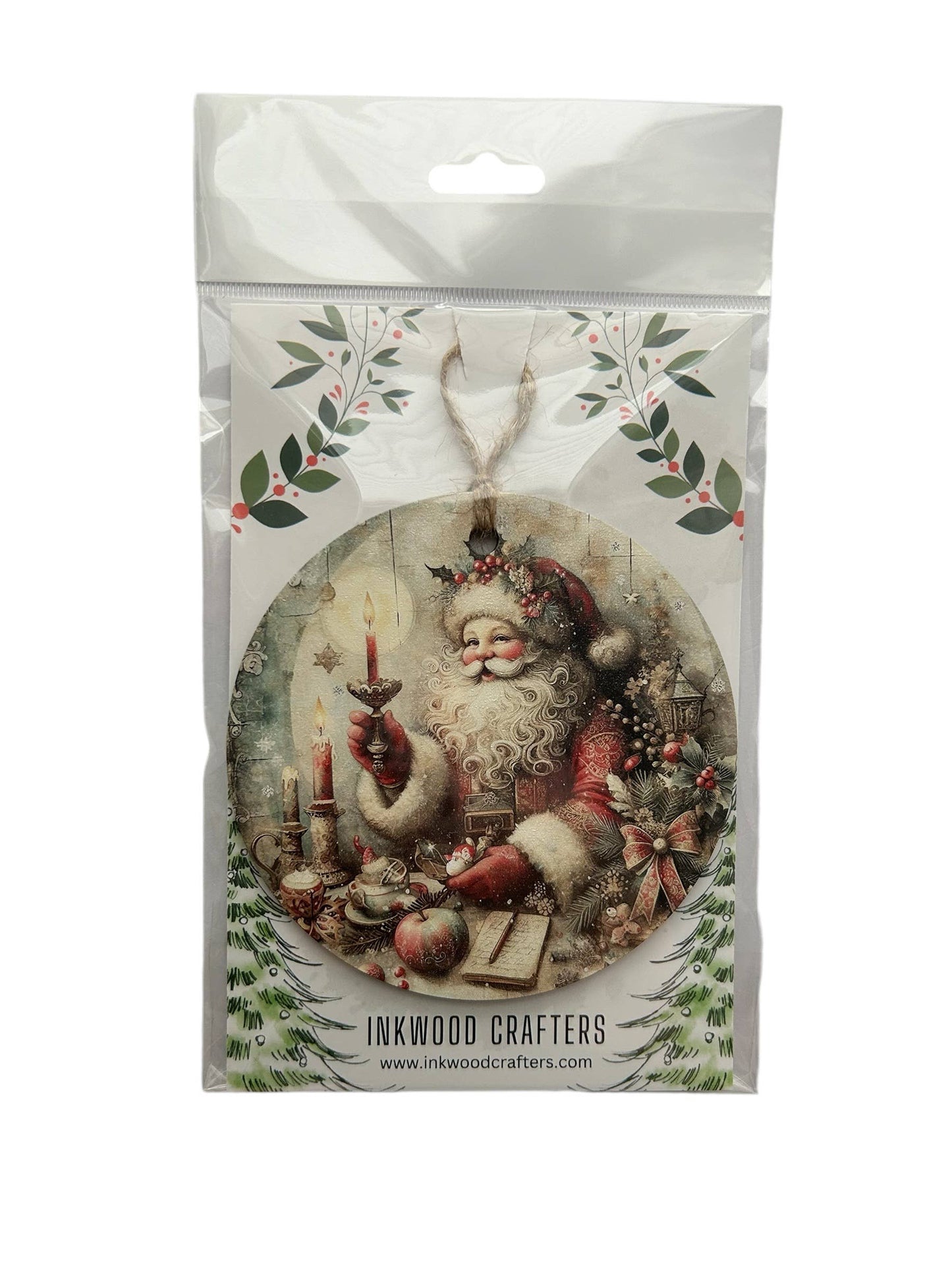 Vintage Santa With Candle - Wood Christmas Ornament- Inkwood Crafters