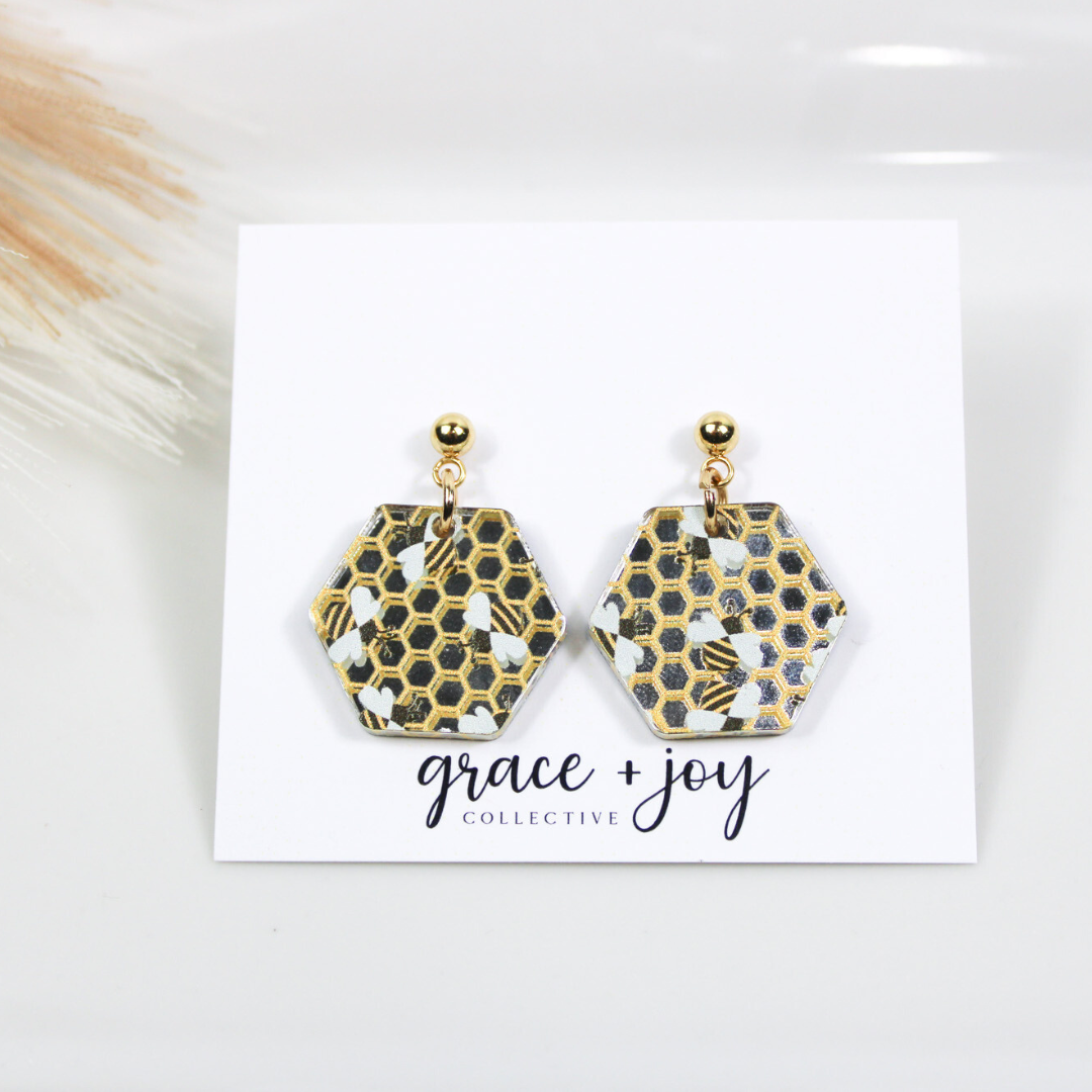 Honeycomb Bee Earrings, Acrylic Earrings