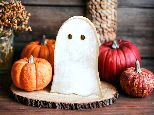 Primitive Wood Halloween Ghost Sitter: White