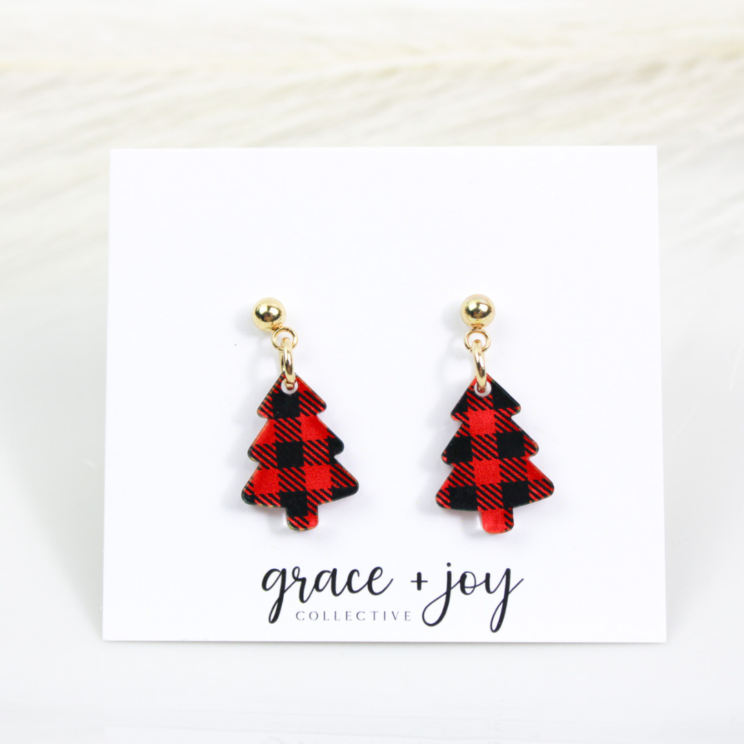 Mini Christmas Tree Dangle Earrings, Buffalo Plaid earrings