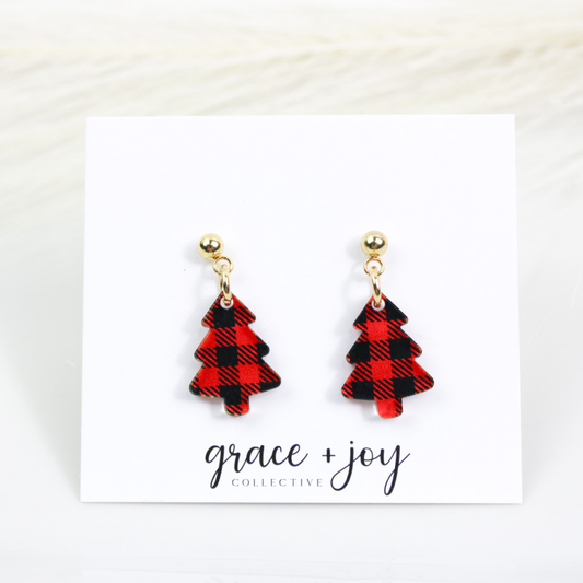 Mini Christmas Tree Dangle Earrings, Buffalo Plaid earrings
