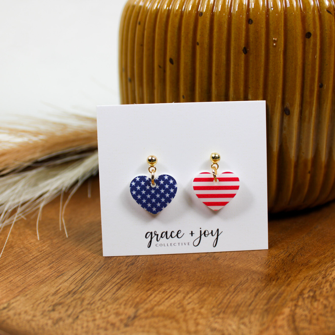 US Flag Heart Earrings, 4th of July Acrylic Earrings
