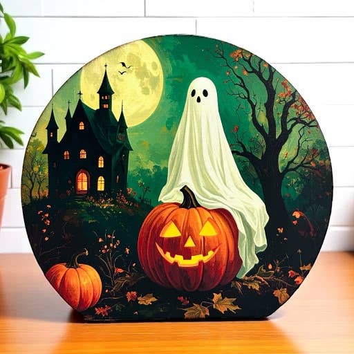 Ghost on Pumpkin - Wood Halloween/Autumn Decor Circle Sign