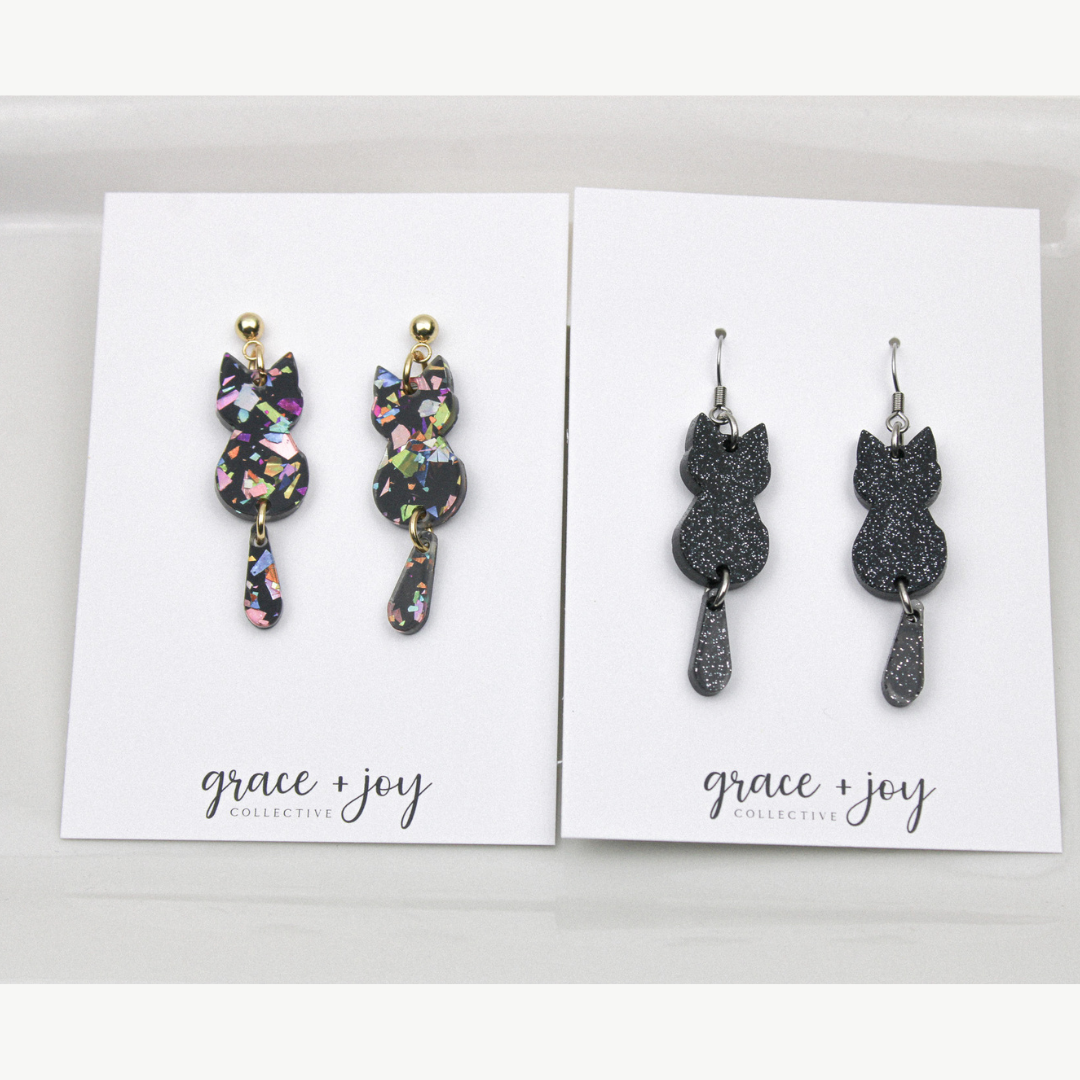 Black Cat Dangle Earrings, Acrylic Earrings Hallween: Black