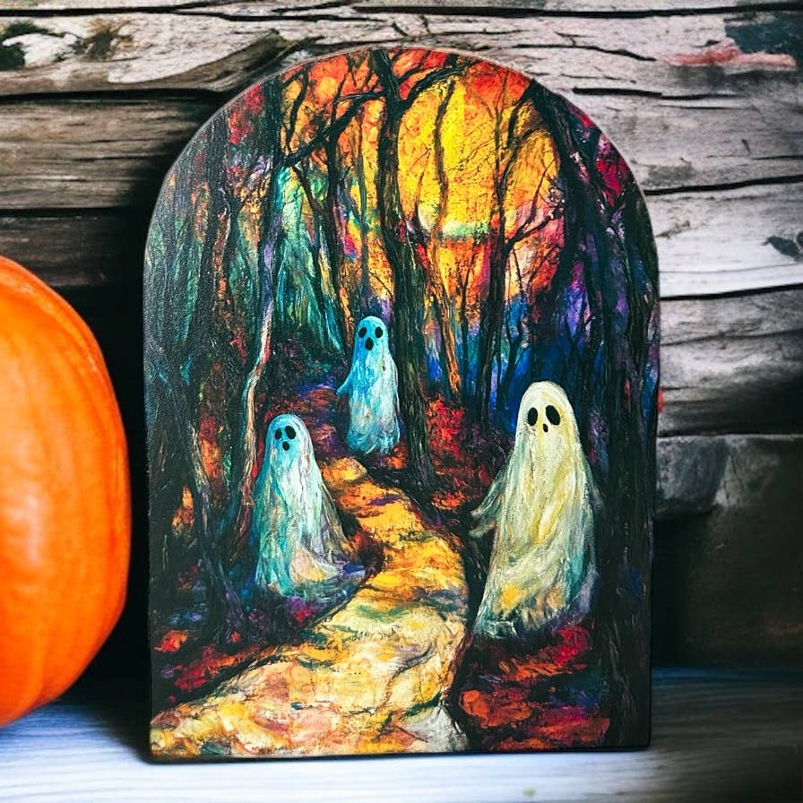 Colorful Ghosts Wood Arch-Halloween 2025 Fall Decor Sitter