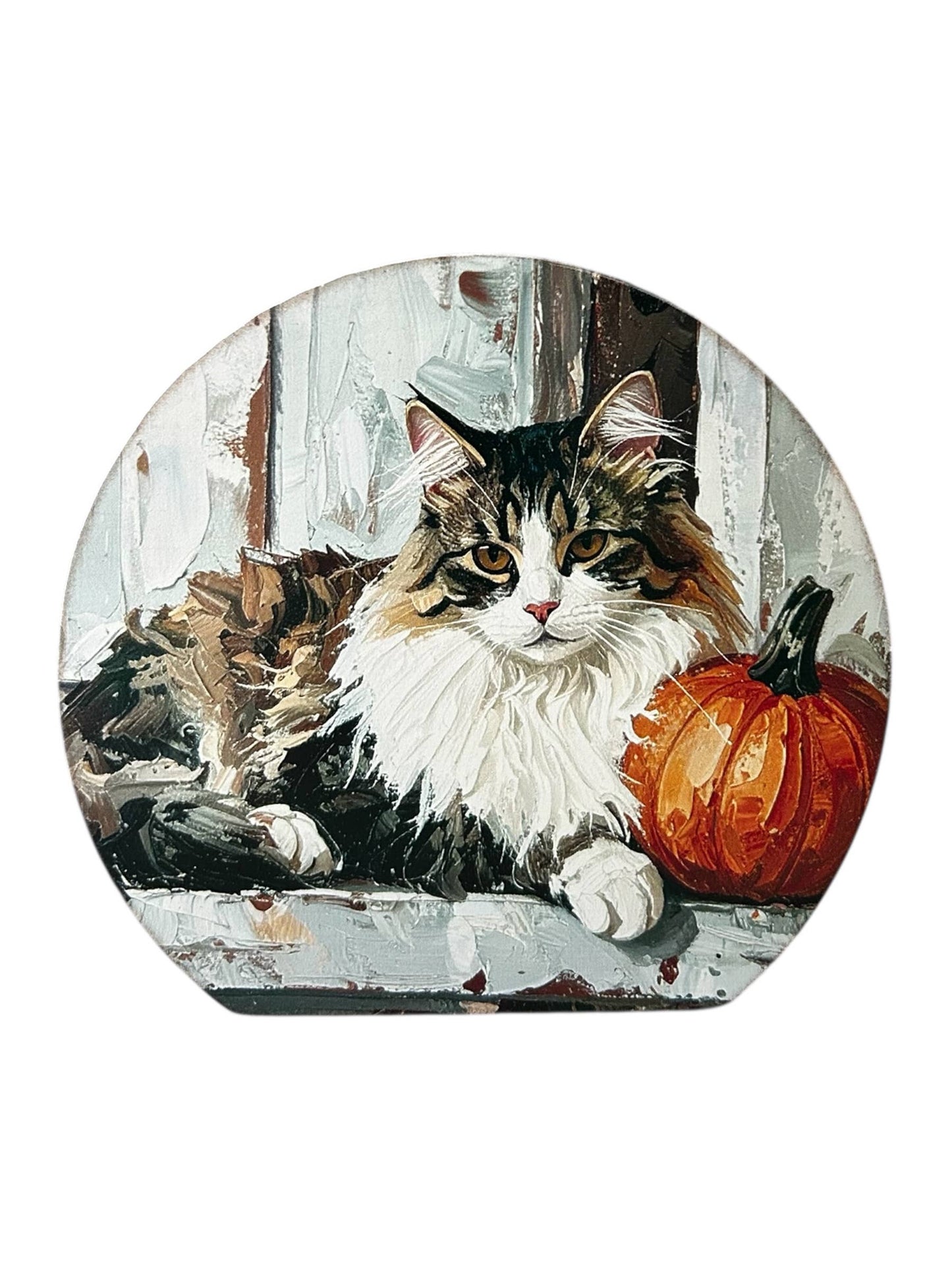 Fall Cat on Porch Painting - Wood Autumn Decor Circle Sign