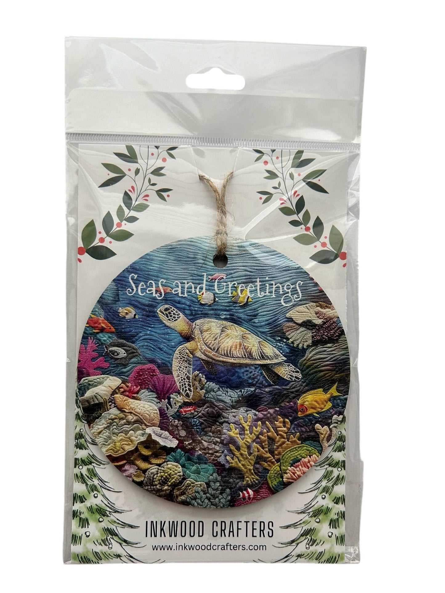 Seas and Greetings - Beach Christmas Wood Ornament- Inkwood Crafters