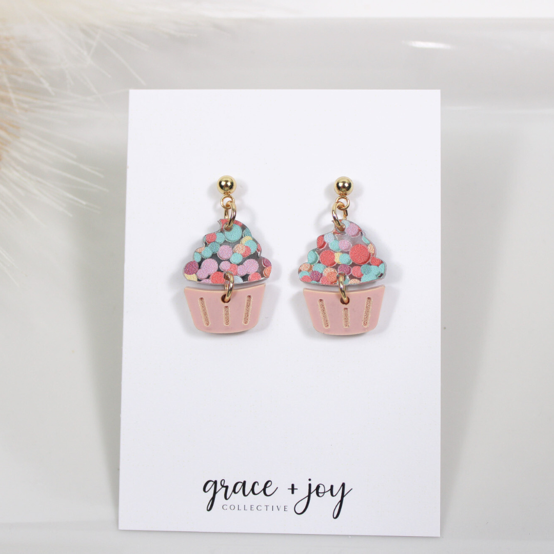 Pink Cupcake Earrings, Acrylic Earrings