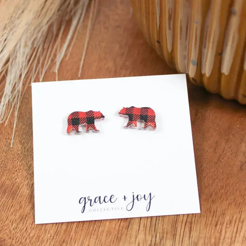 Buffalo Plaid Bear Stud Earring, Acrylic Earrings