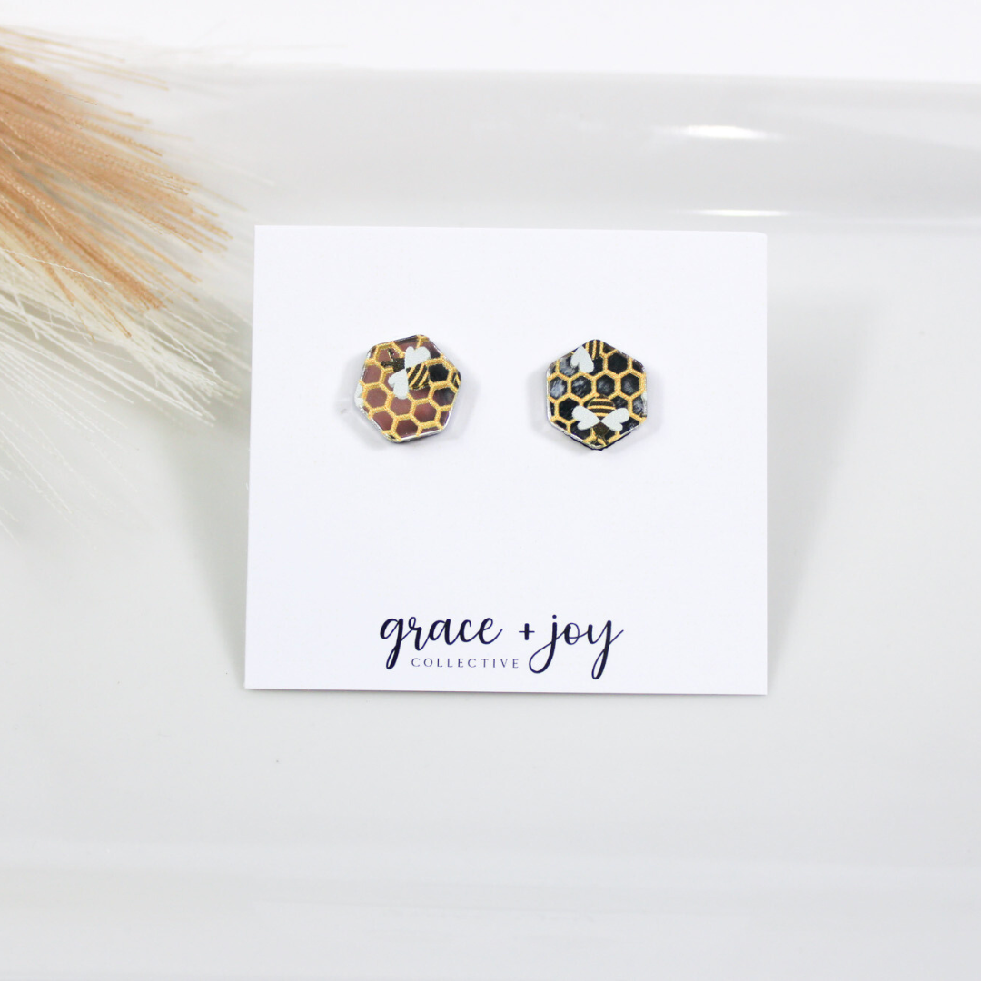 Honeycomb Bee Stud Earring, Acrylic Earrings