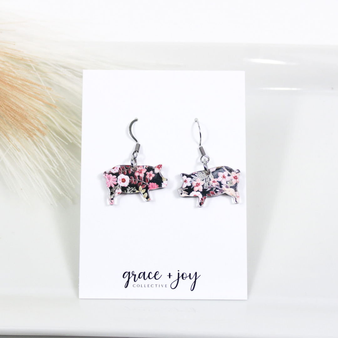 Floral Pig Dangle Earrings, Acrylic Earrings