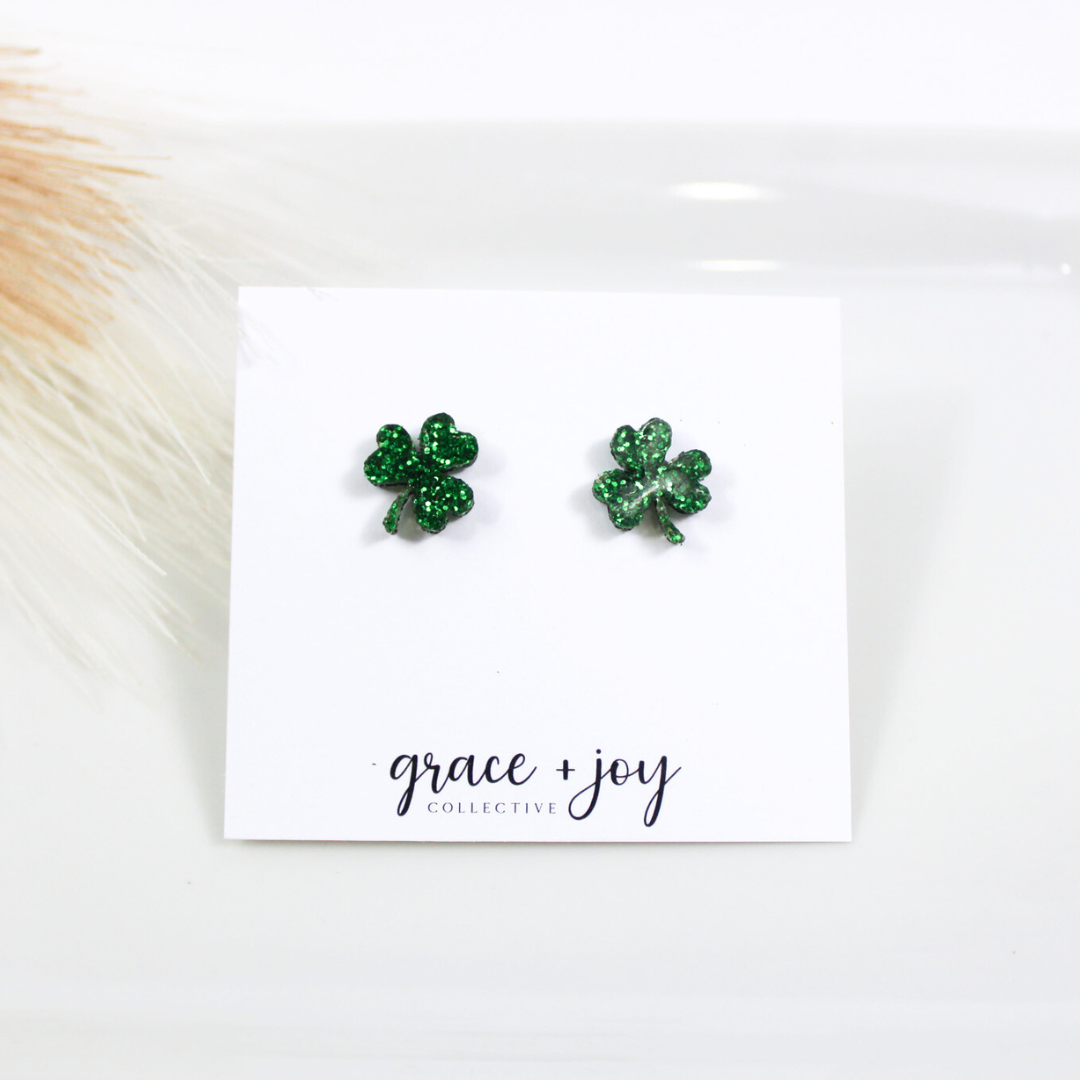 Glitter Shamrock Stud Earring, Acrylic Earrings