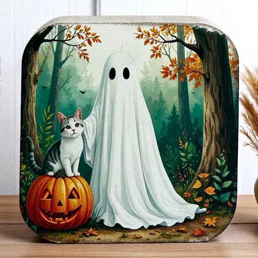 Ghost & Cat- Halloween 2025 Fall Decor Rustic Wood Sign