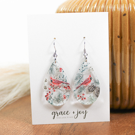Winter Cardinal Dangle Earrings, Acrylic Earrings