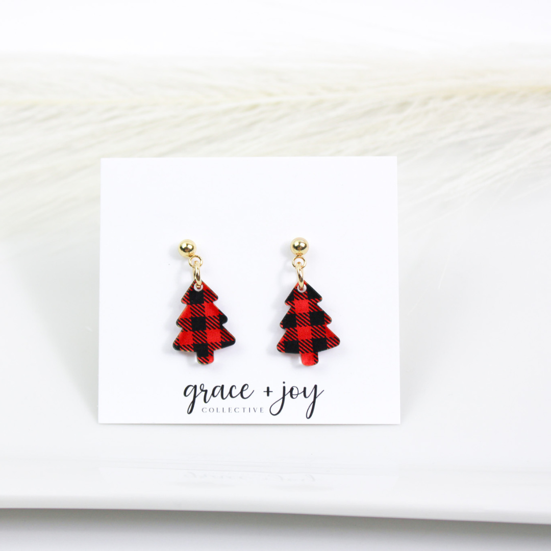 Mini Christmas Tree Dangle Earrings, Buffalo Plaid earrings