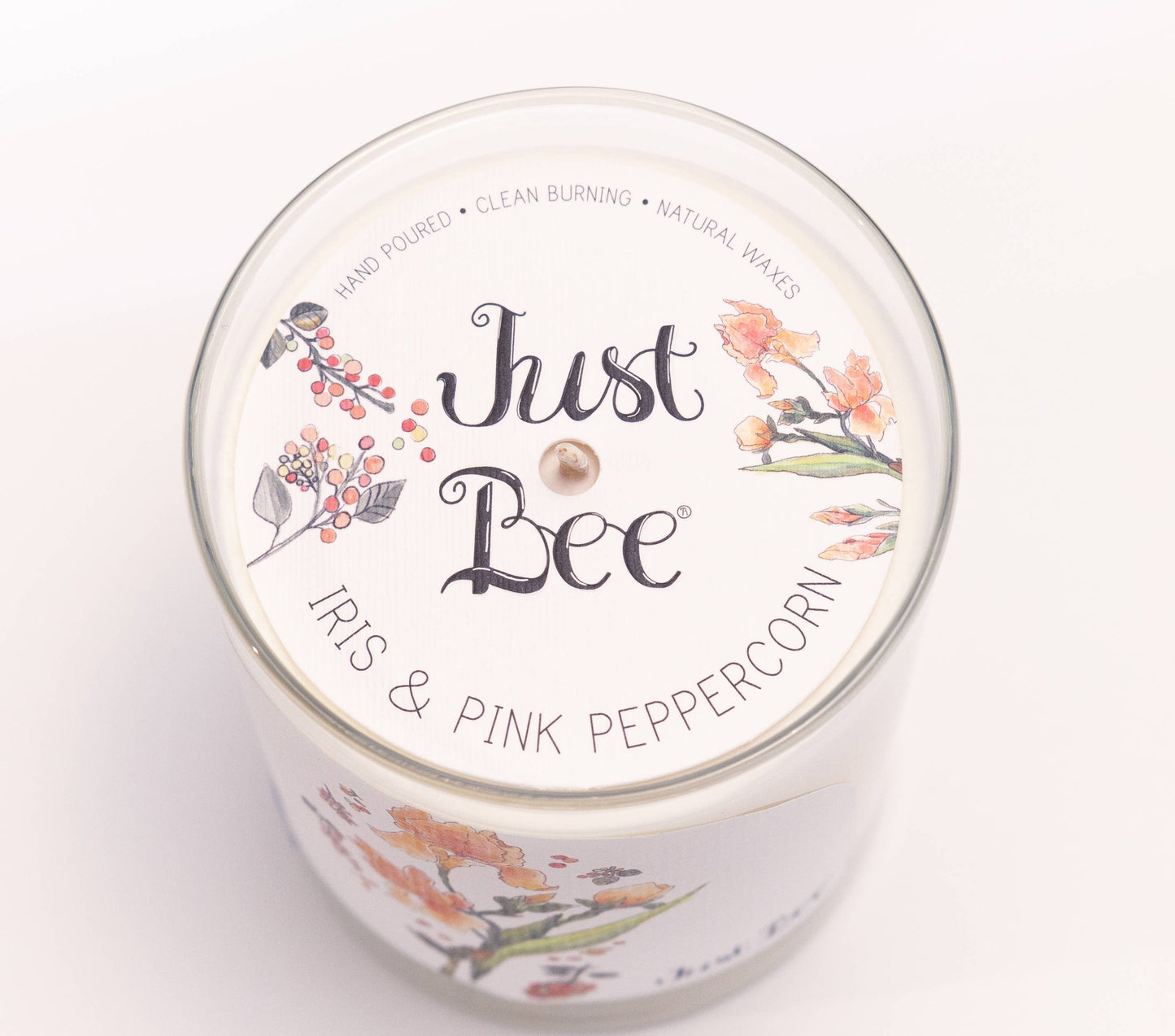 Iris & Pink Peppercorn - Medium Glass - Just Bee Candle: Medium Glass (up to 40 hrs of clean burning)