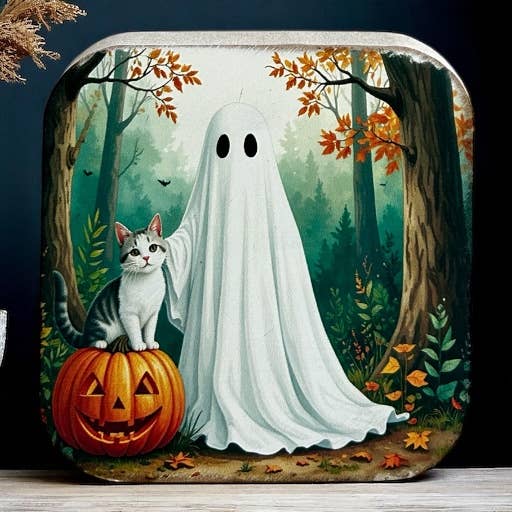 Ghost & Cat- Halloween 2025 Fall Decor Rustic Wood Sign