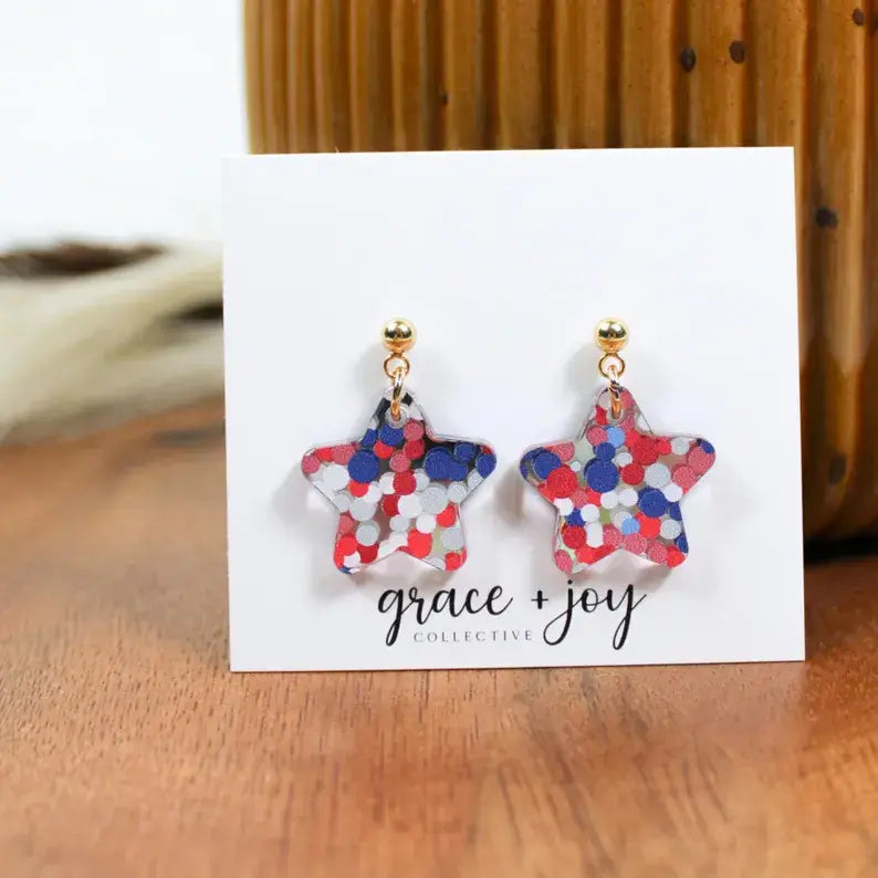 4th of July Red White Blue Star Dangle Earrings, Acrylic
