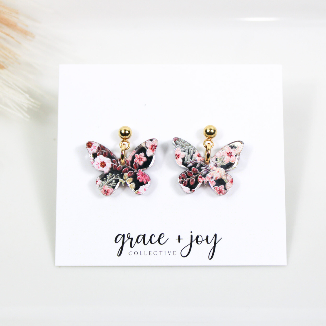 Pink Floral Butterfly Dangle Earrings, Grace + Joy Collective