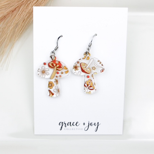 70's Retro Mushroom Dangle Earrings, Groovy Acrylic Earring