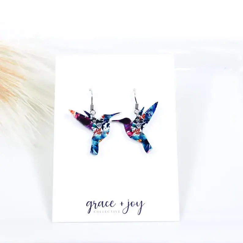 Watercolor Floral Hummingbird Dangle Earrings, : Pink/orange/blue Grace + Joy Collective