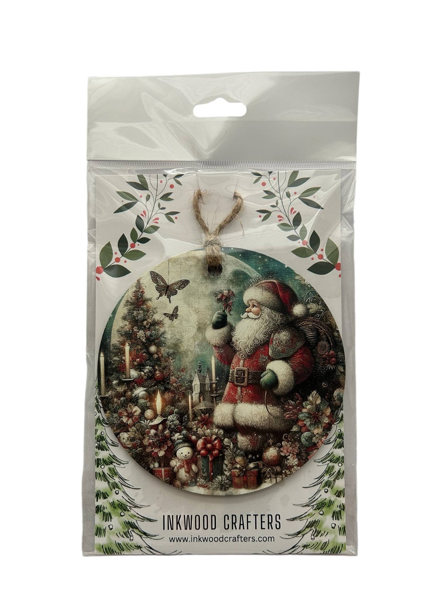 Vintage Santa with Butterfly - Wood Christmas Ornament- Inkwood Crafters