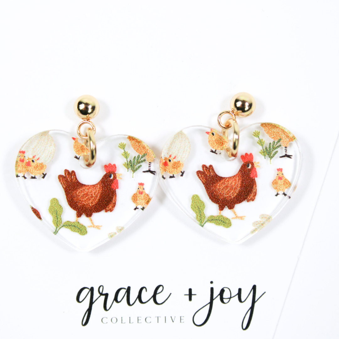 Chicken Heart Dangle Earrings, Acrylic Earrings  : Brown, Grace + Joy Collective