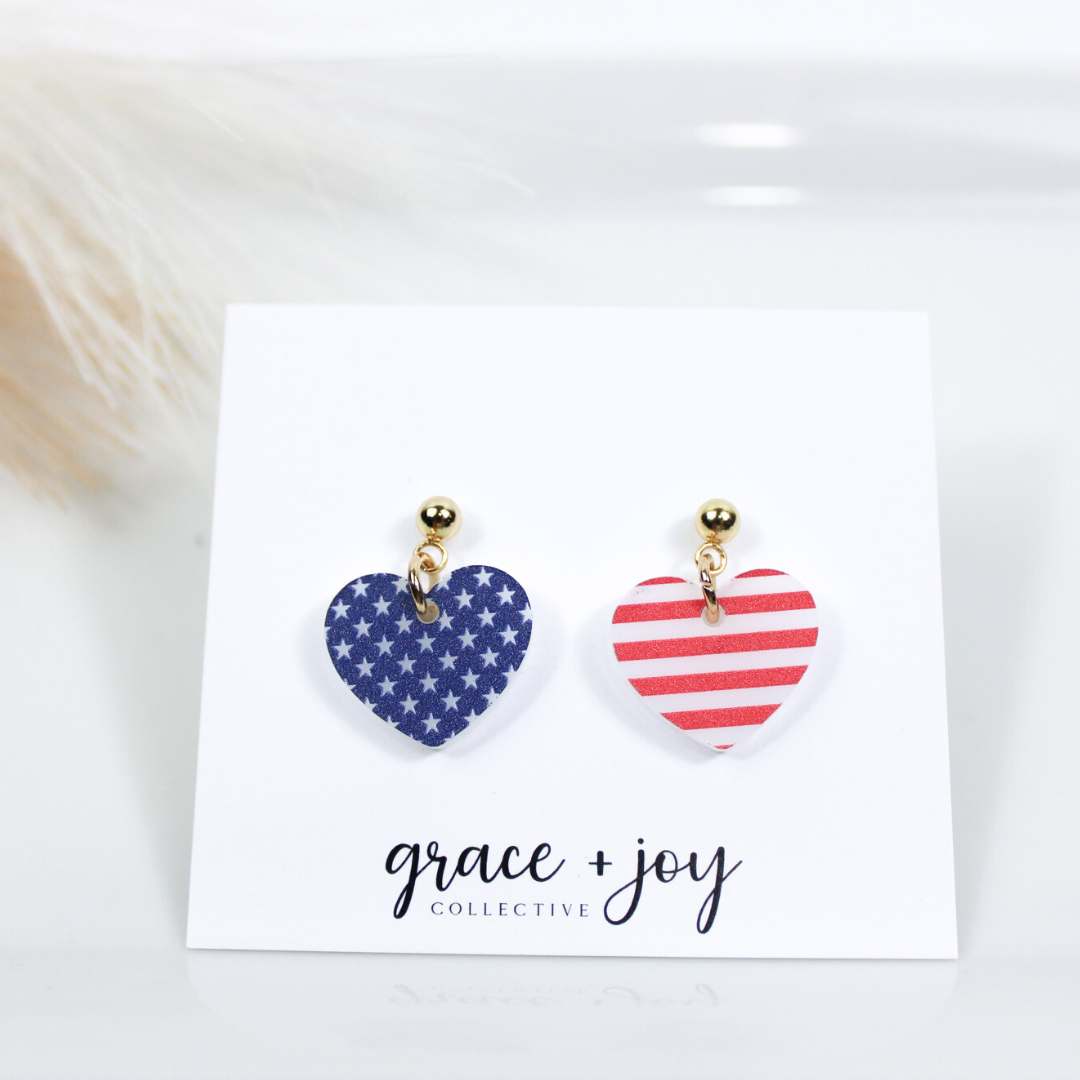 US Flag Heart Earrings, 4th of July Acrylic Earrings