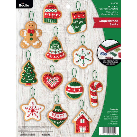 Bucilla Gingerbread Santa Felt Ornaments Set of 12