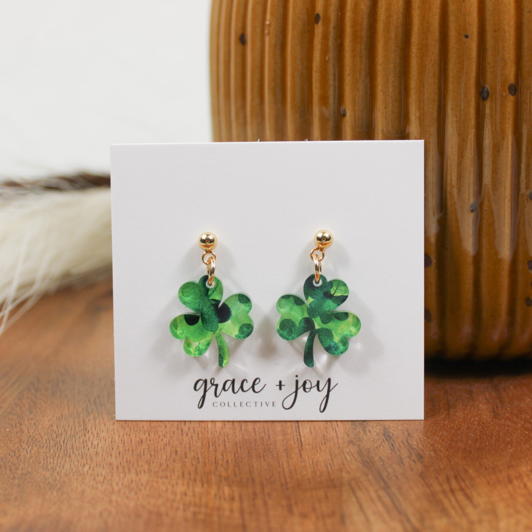 Watercolor Shamrock Dangle Earrings, Acrylic Earrings