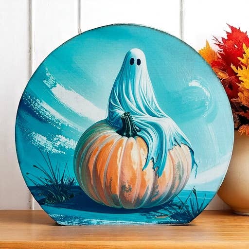 Ghost Thinking on Pumpkin - Wood Autumn Decor Circle Sign 