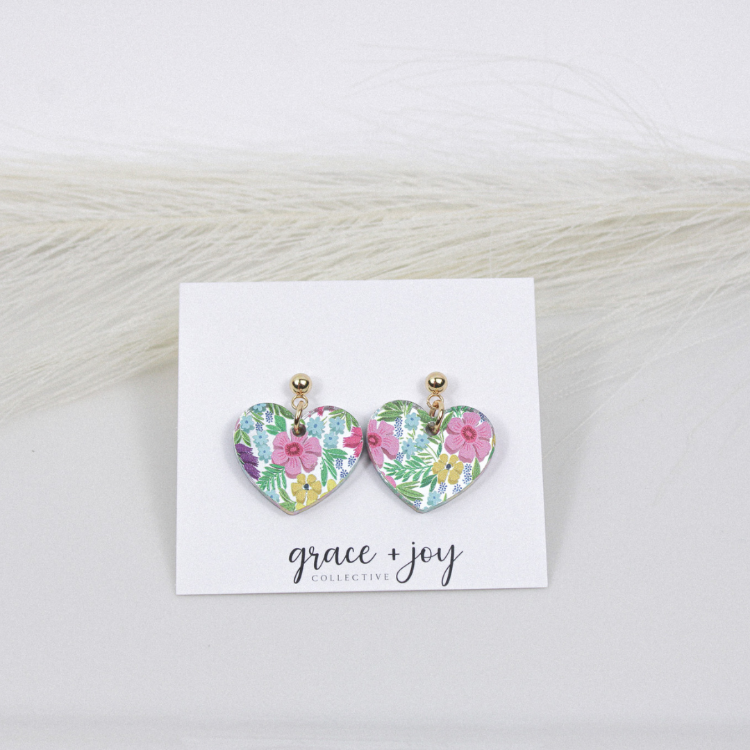 Floral Heart Dangle Earrings, Acrylic Earrings Flower : Spring floral