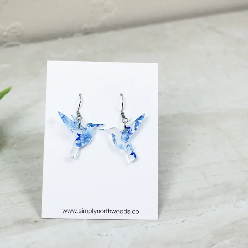 Watercolor Floral Hummingbird Dangle Earrings, : Pink/orange/blue Grace + Joy Collective