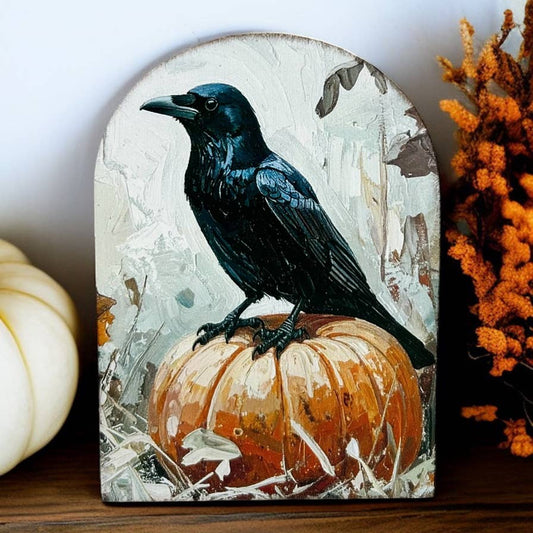 Crow on Pumpkin Wood Arch Printed Sitter- Fall 2025 Decor