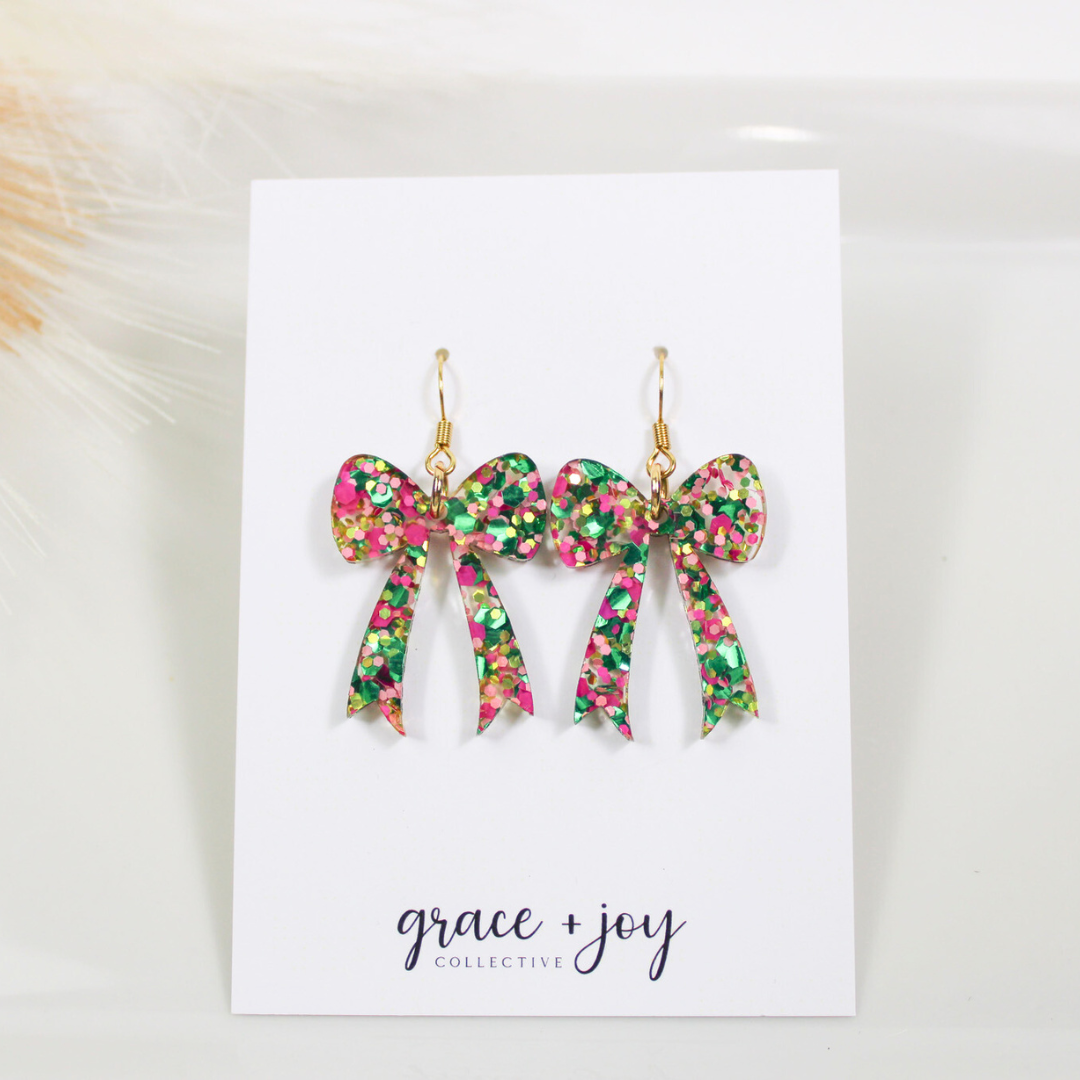 Wicked Pink and Green Bow Dangle Earring, Good Witch earring