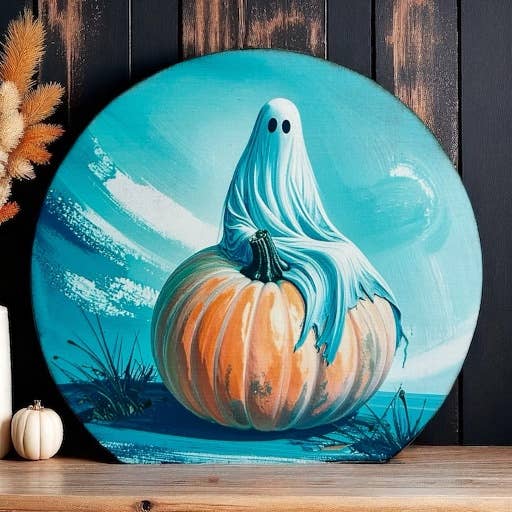 Ghost Thinking on Pumpkin - Wood Autumn Decor Circle Sign 