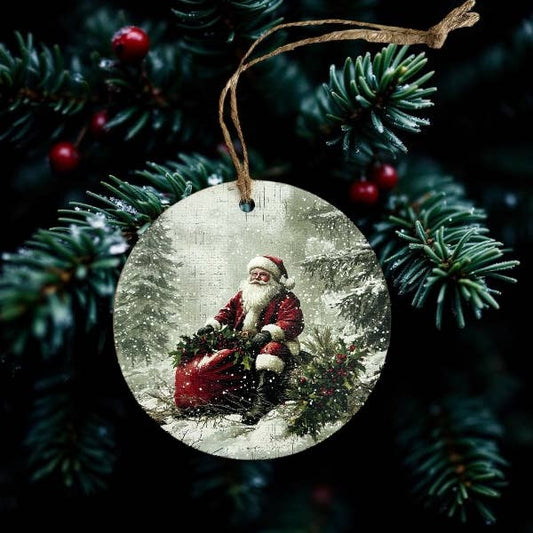 Santa in Woods - Vintage Christmas Decor Wood Ornament- Inkwood Crafters