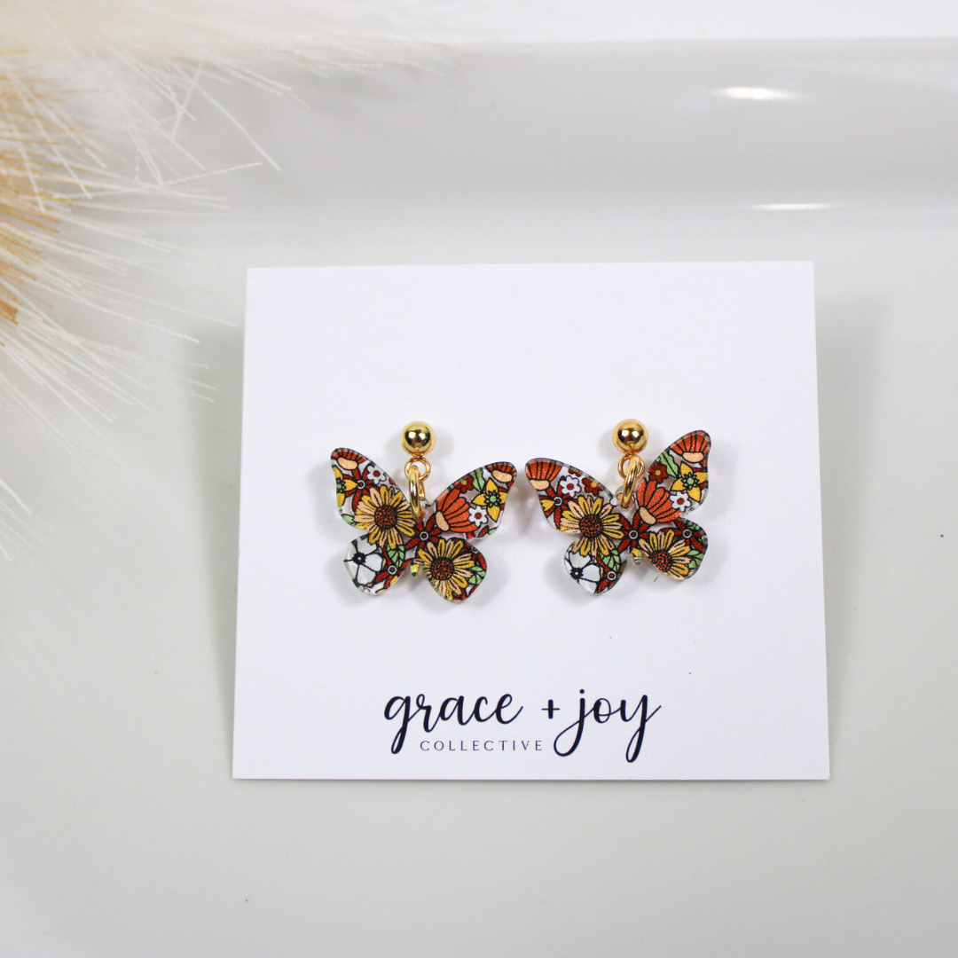 70's Floral Butterfly Dangle Earrings, Acrylic Earrings