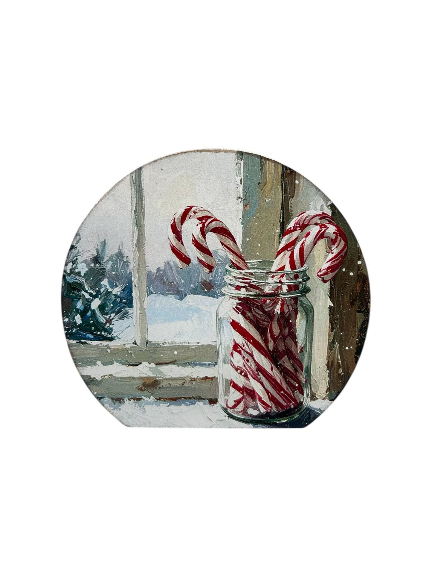 Candy Cane Jar in Window - Wood Holiday Decor Circle Sign- Inkwood Crafters