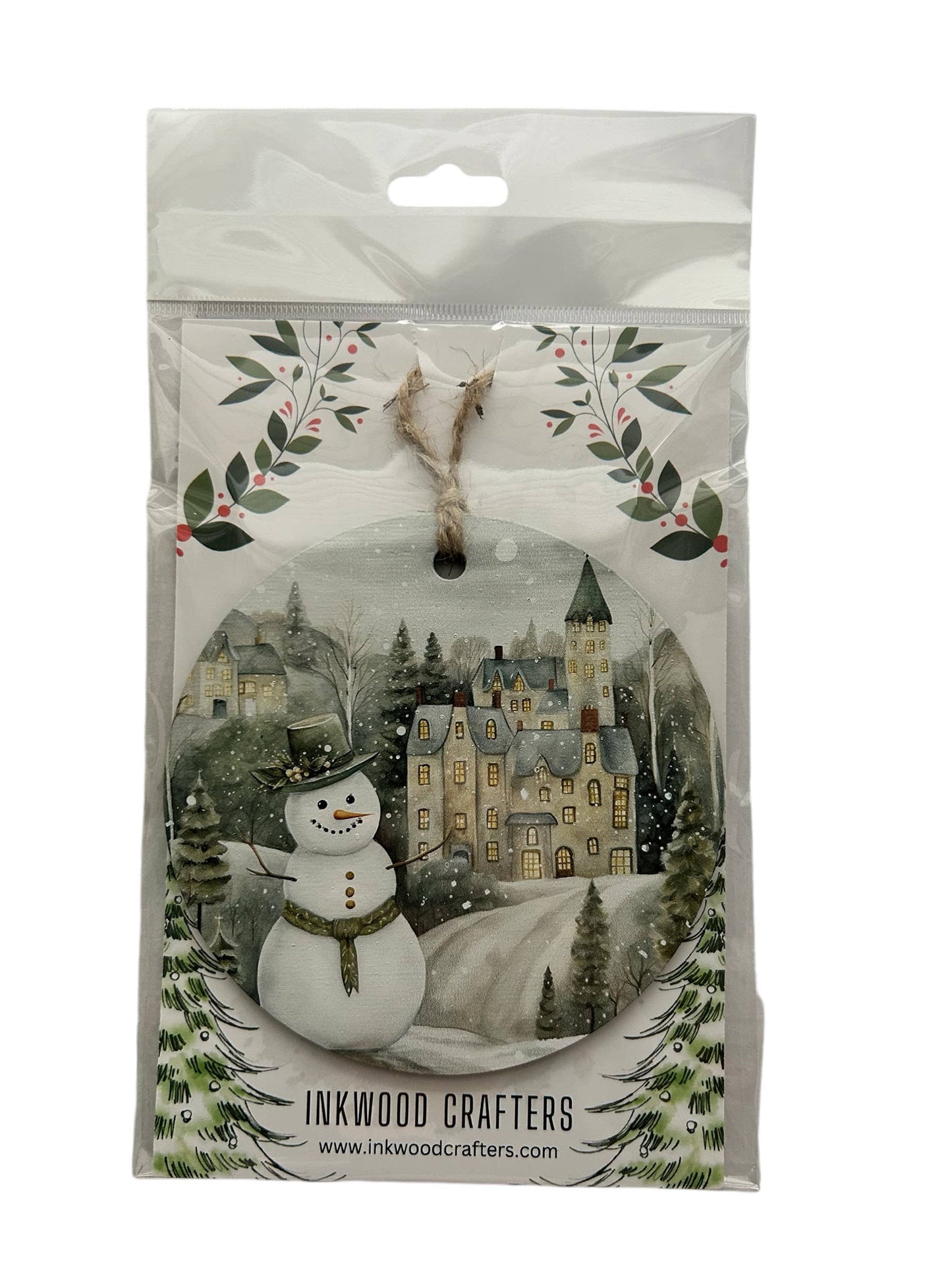 Snowman in Village - Old Fashioned Style Wood Ornament - Inkwood Crafters
