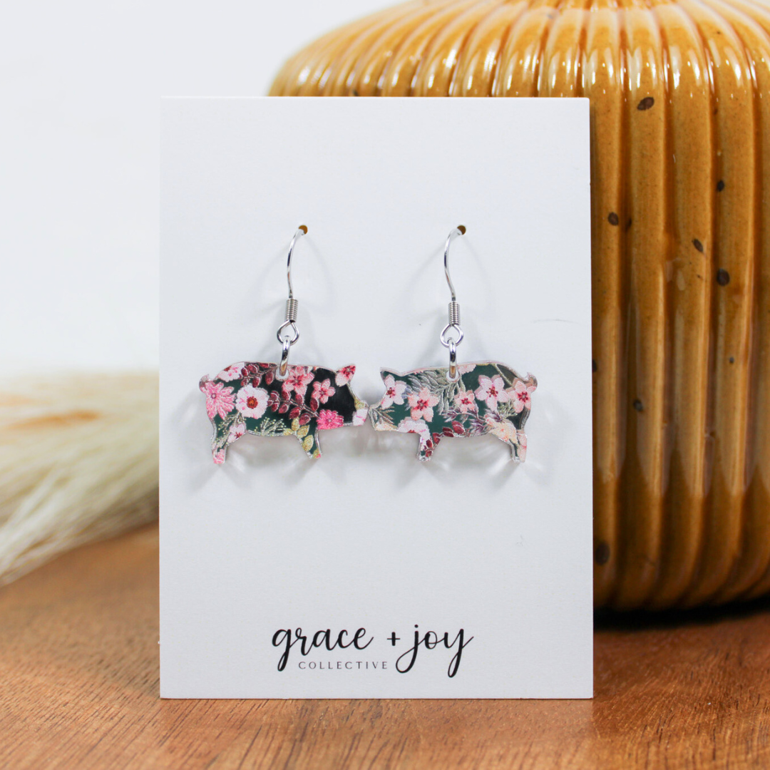 Floral Pig Dangle Earrings, Acrylic Earrings