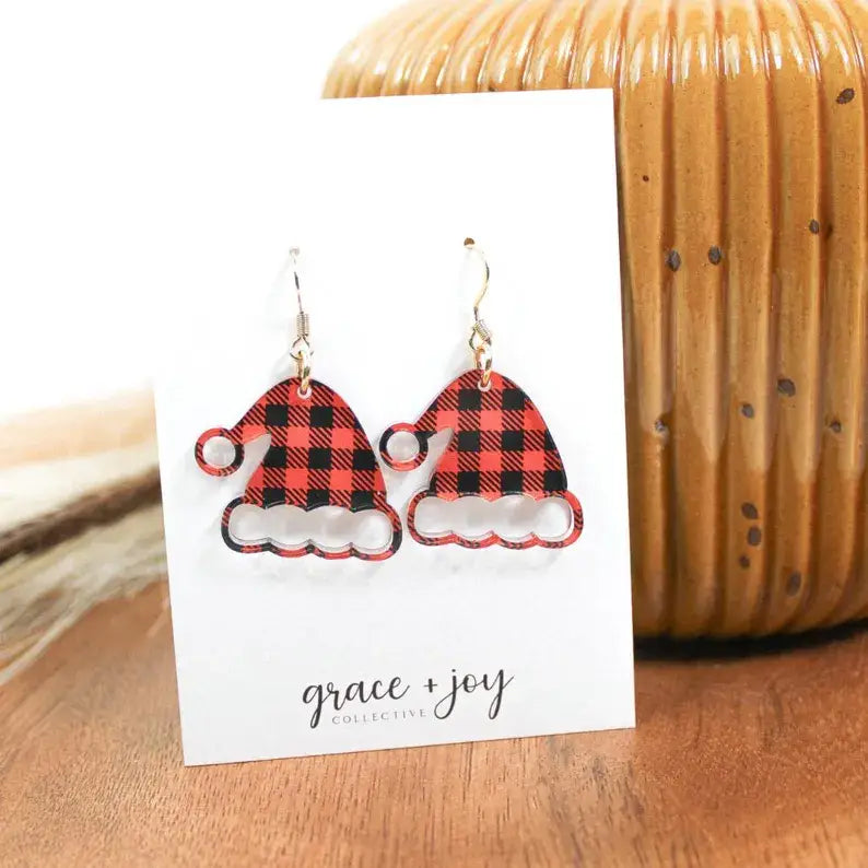 Buffalo Plaid Santa Hat Dangle Earrings, Acrylic