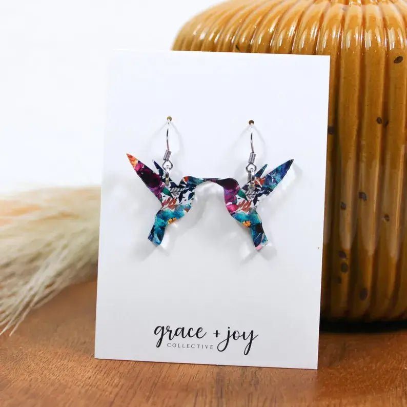 Watercolor Floral Hummingbird Dangle Earrings, : Pink/orange/blue Grace + Joy Collective