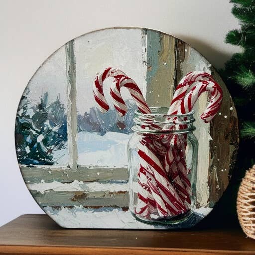 Candy Cane Jar in Window - Wood Holiday Decor Circle Sign- Inkwood Crafters