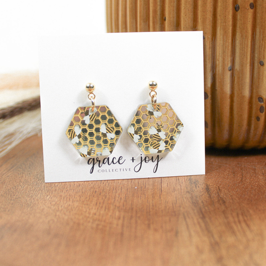Honeycomb Bee Earrings, Acrylic Earrings
