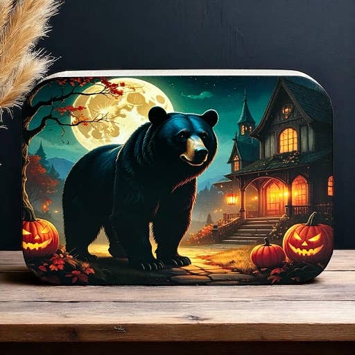 Bear Under Moon- Halloween 2025 Fall Decor Rustic Wood Sign
