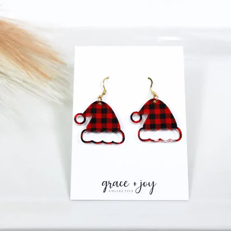 Buffalo Plaid Santa Hat Dangle Earrings, Acrylic