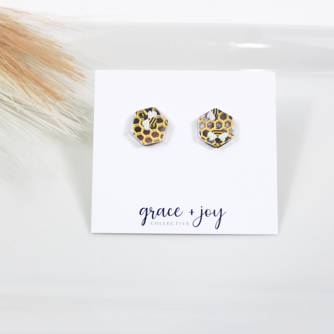 Honeycomb Bee Stud Earring, Acrylic Earrings