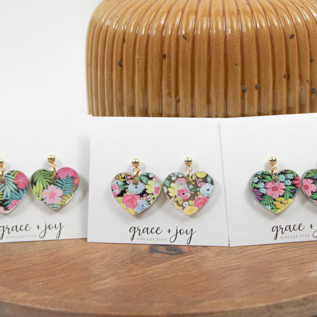 Floral Heart Dangle Earrings, Acrylic Earrings Flower : Spring floral